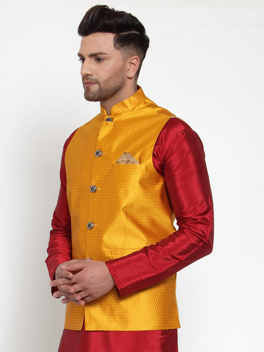 Yellow Woven Jacquard Nehru Jacket - Indian Nehru Jackets