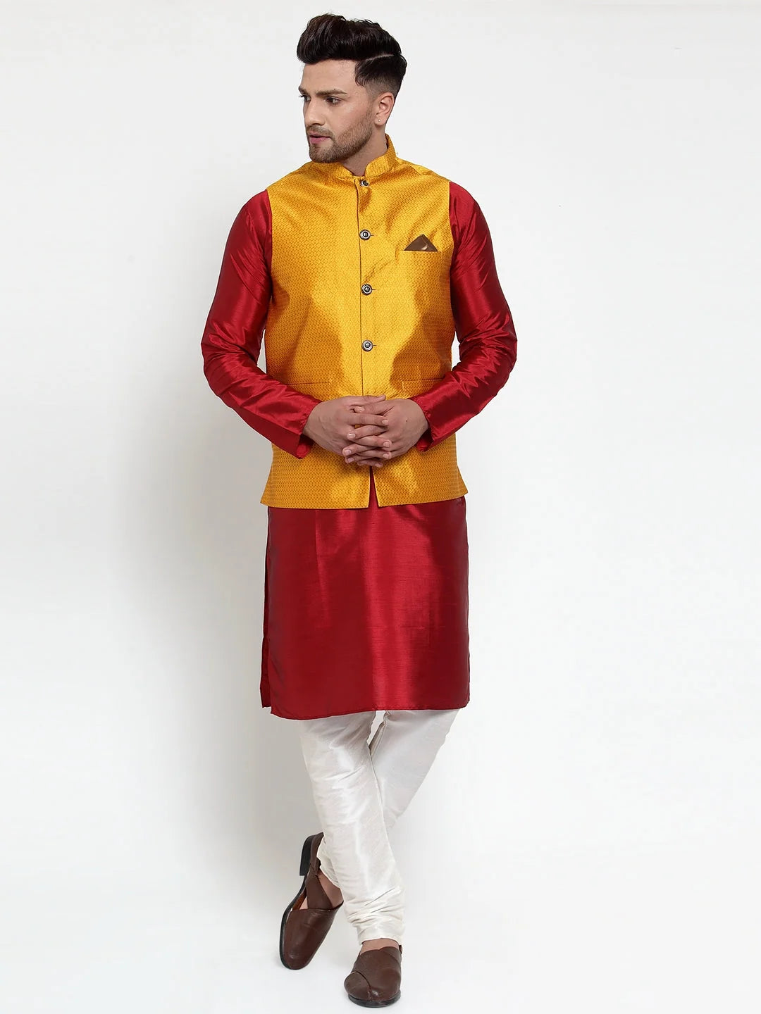Yellow Woven Jacquard Nehru Jacket - Indian Nehru Jackets