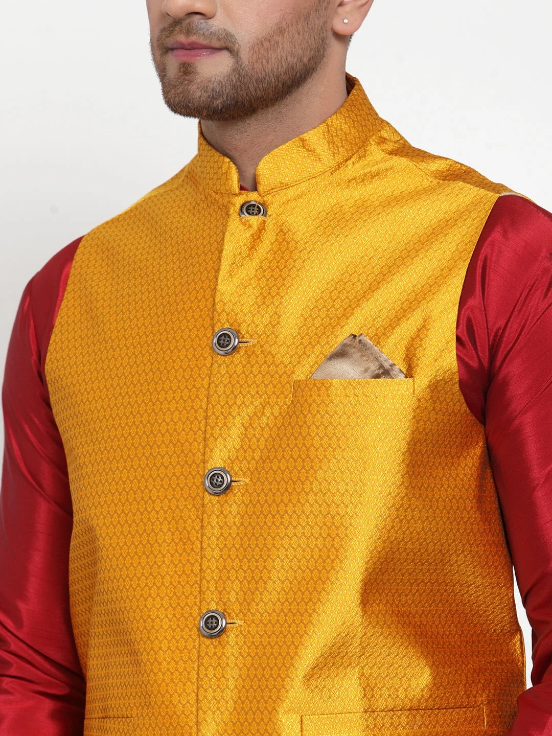 Yellow Woven Jacquard Nehru Jacket - Indian Nehru Jackets