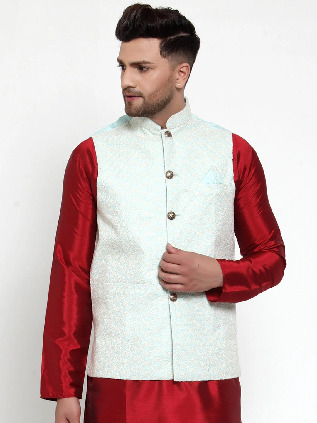 Men's Blue Mint Embroidered Nehru Jacket