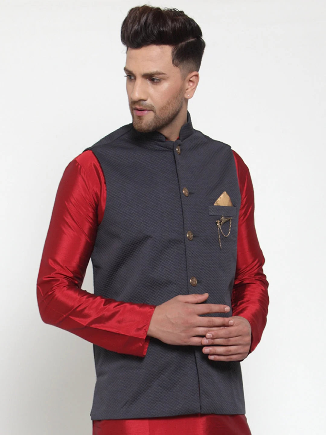 Navy Woven Nehru Jacket - Indian Nehru Jackets, Nehru Collar