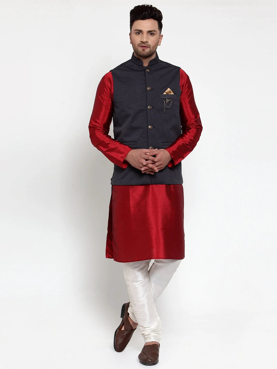 Navy Woven Nehru Jacket - Indian Nehru Jackets, Nehru Collar
