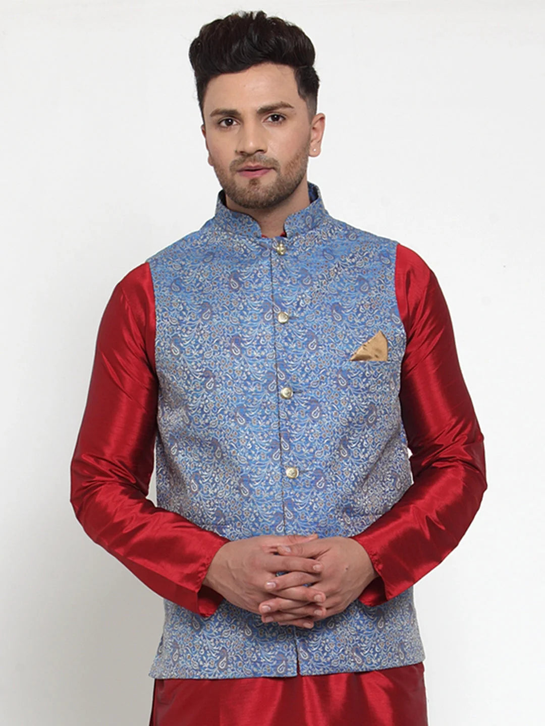 Men's Blue Woven Jacquard Mix Nehru Jacket