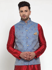 Men's Blue Woven Jacquard Mix Nehru Jacket