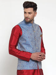 Men's Blue Woven Jacquard Mix Nehru Jacket