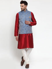 Men's Blue Woven Jacquard Mix Nehru Jacket