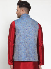 Men's Blue Woven Jacquard Mix Nehru Jacket