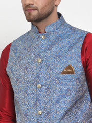 Men's Blue Woven Jacquard Mix Nehru Jacket