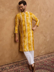 Ethnic Bay Men Yellow Silk Blend Shibori Embroidered Straight Kurta With Pant Set-MKSET1540