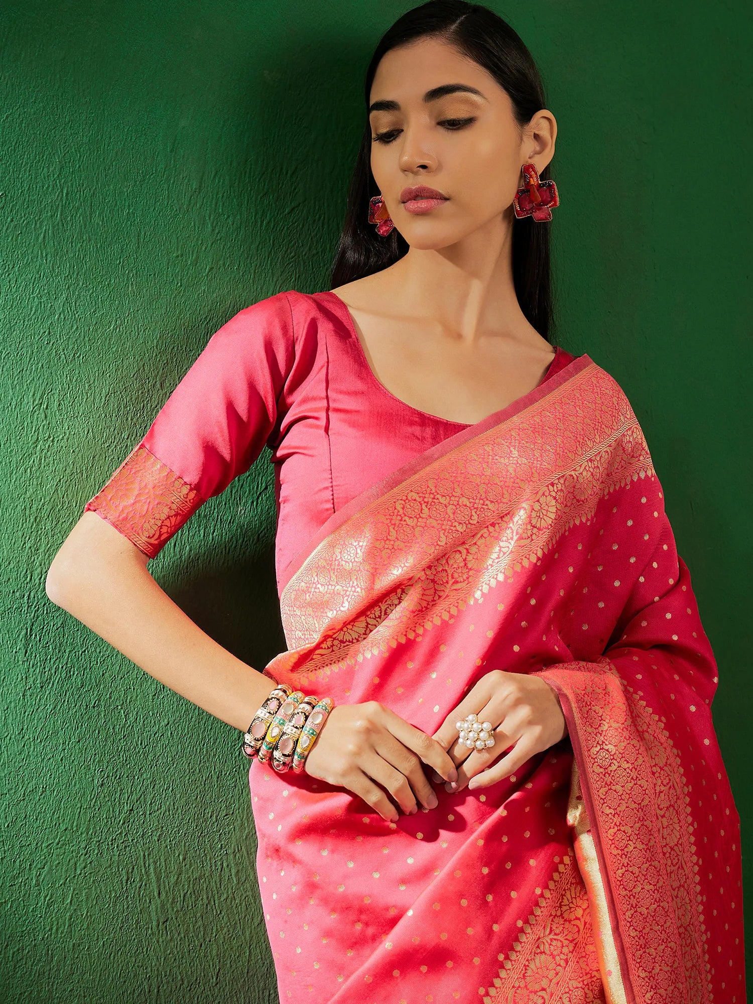 Pink Polyester Saree - Indian Sari & Designer Sarees