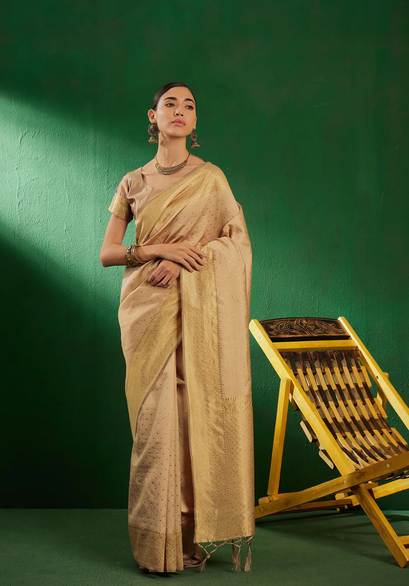 Beige Polyester Saree | Indian Sari & Woven Design