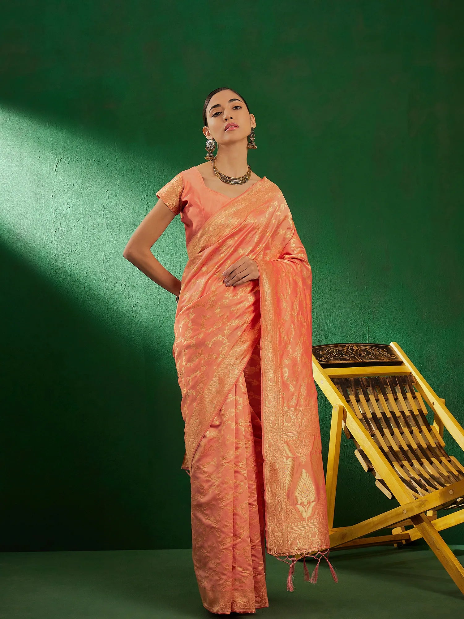 Peach Polyester Indian Sari: Woven Design Saree