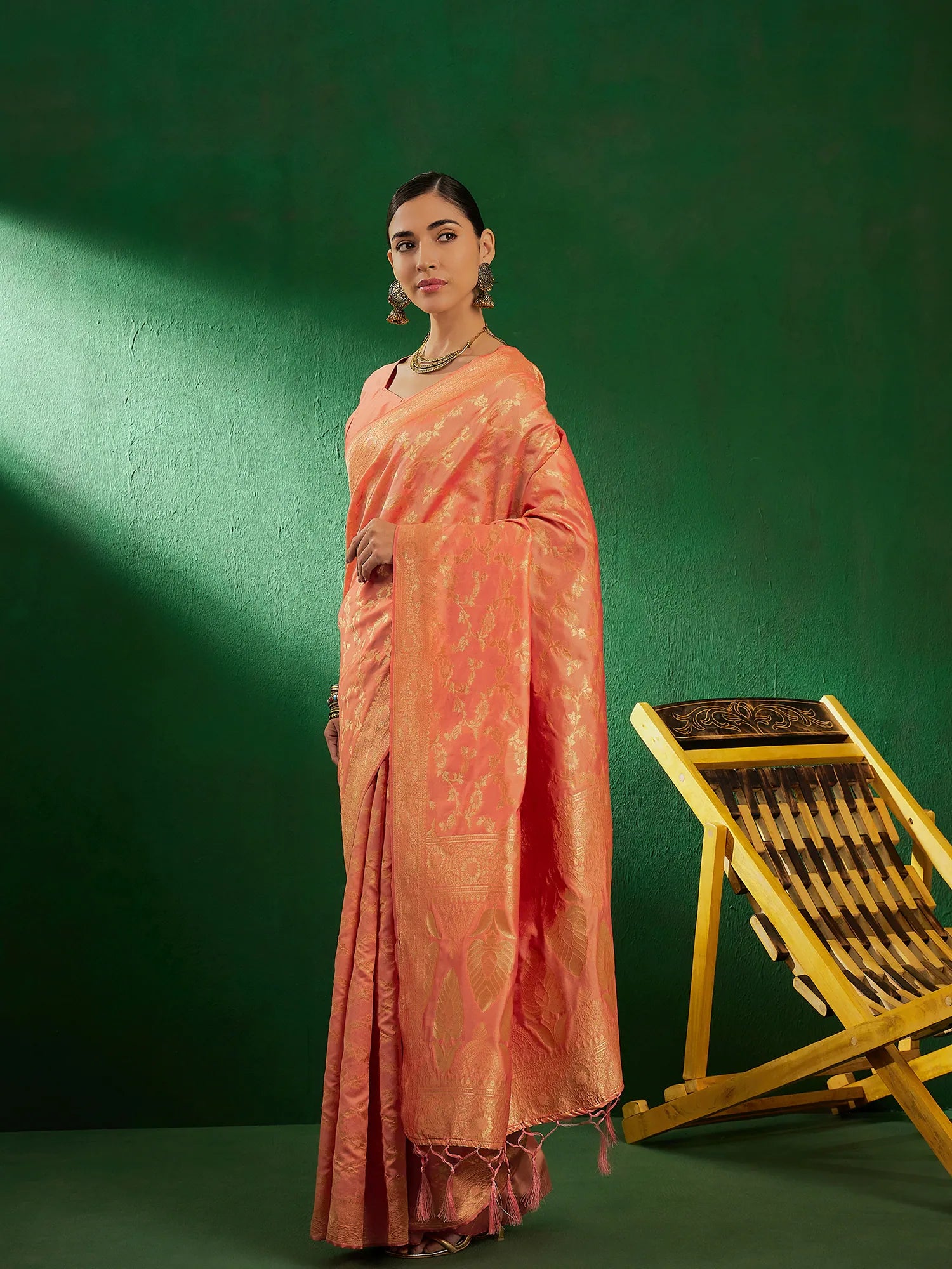 Peach Polyester Indian Sari: Woven Design Saree