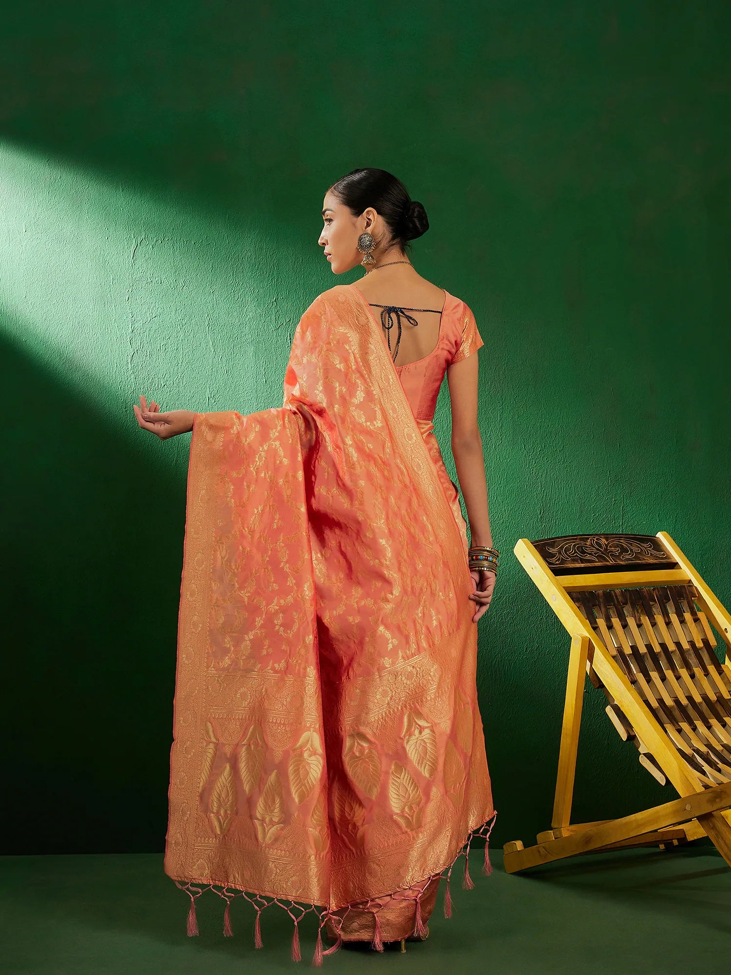 Peach Polyester Indian Sari: Woven Design Saree