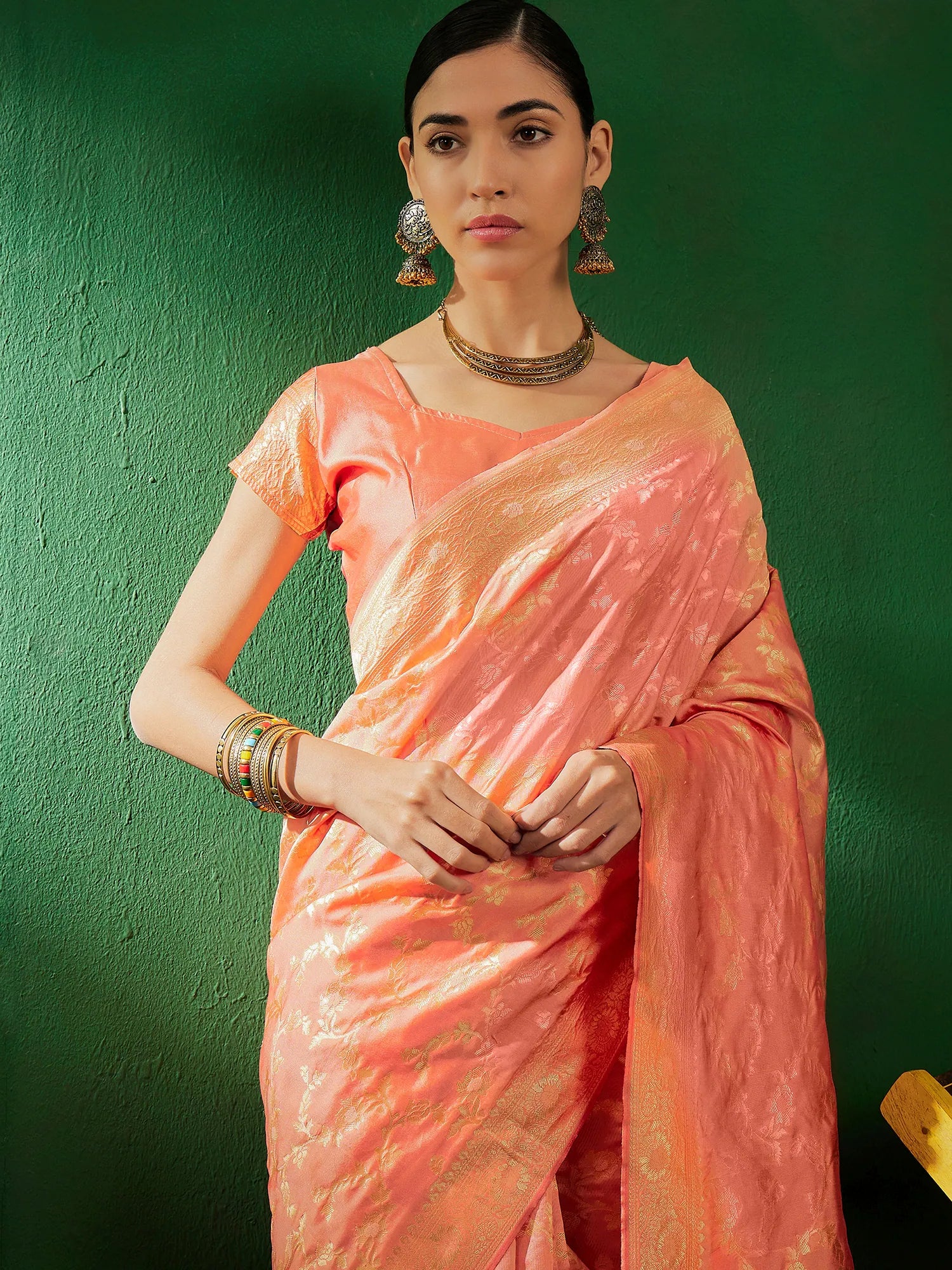Peach Polyester Indian Sari: Woven Design Saree