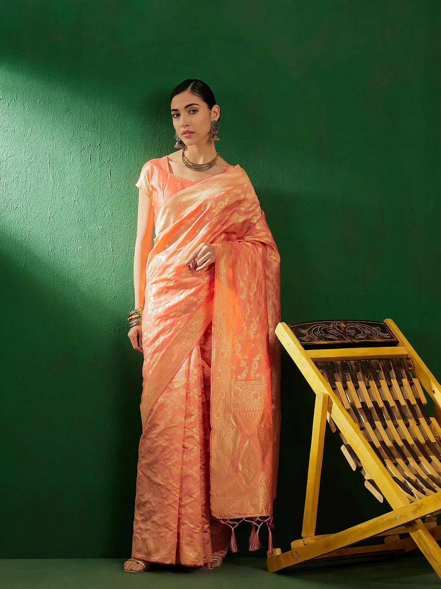 Peach Polyester Indian Sari: Woven Design Saree