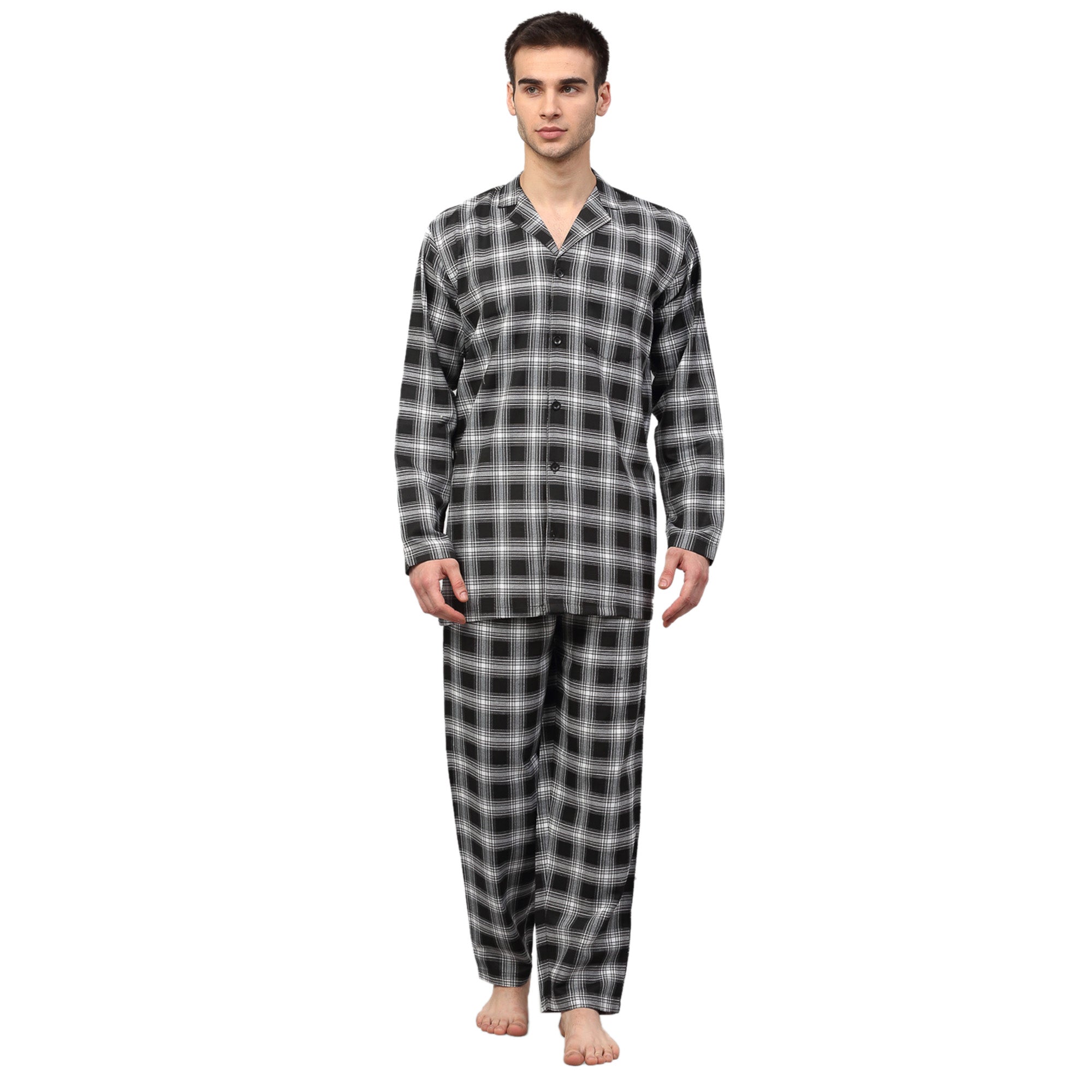 Black & White Checked Mens Pajamas - Cotton Sleepwear Set