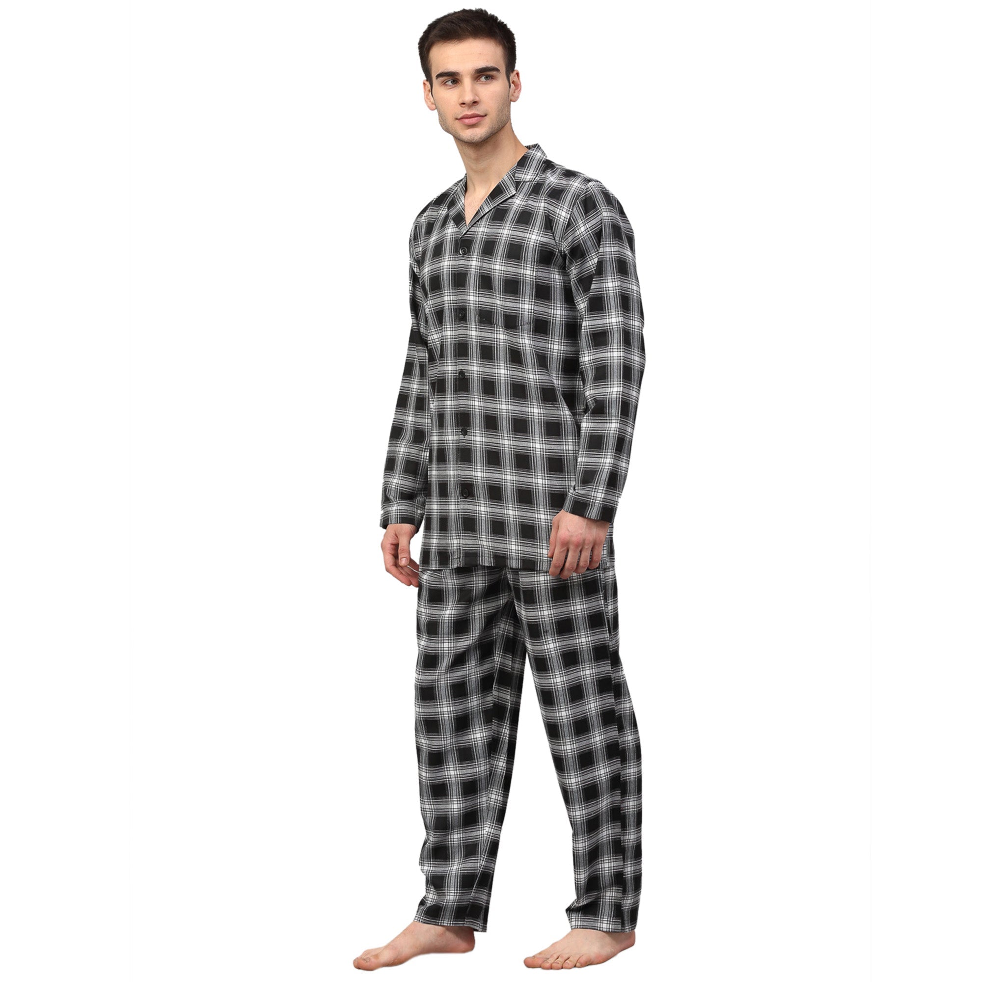 Black & White Checked Mens Pajamas - Cotton Sleepwear Set