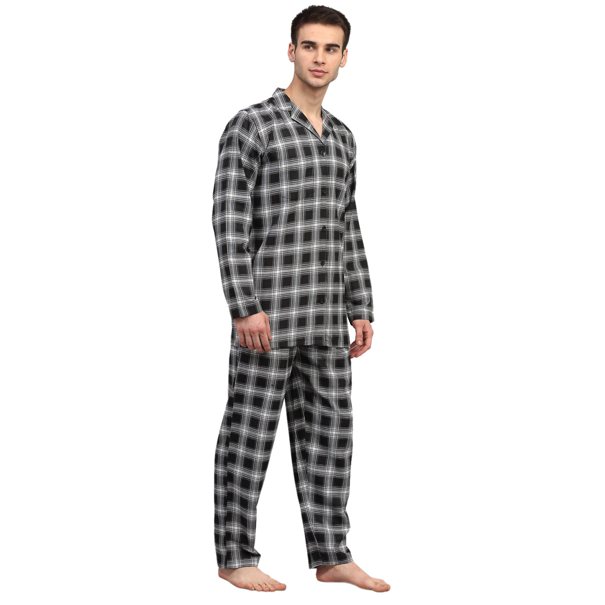 Black & White Checked Mens Pajamas - Cotton Sleepwear Set
