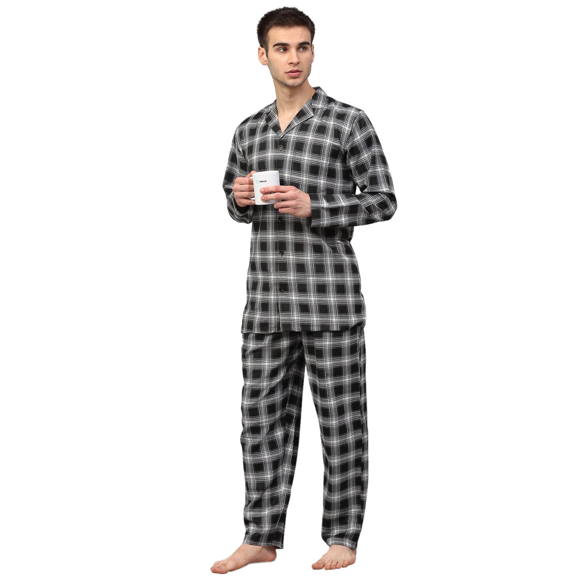 Black & White Checked Mens Pajamas - Cotton Sleepwear Set