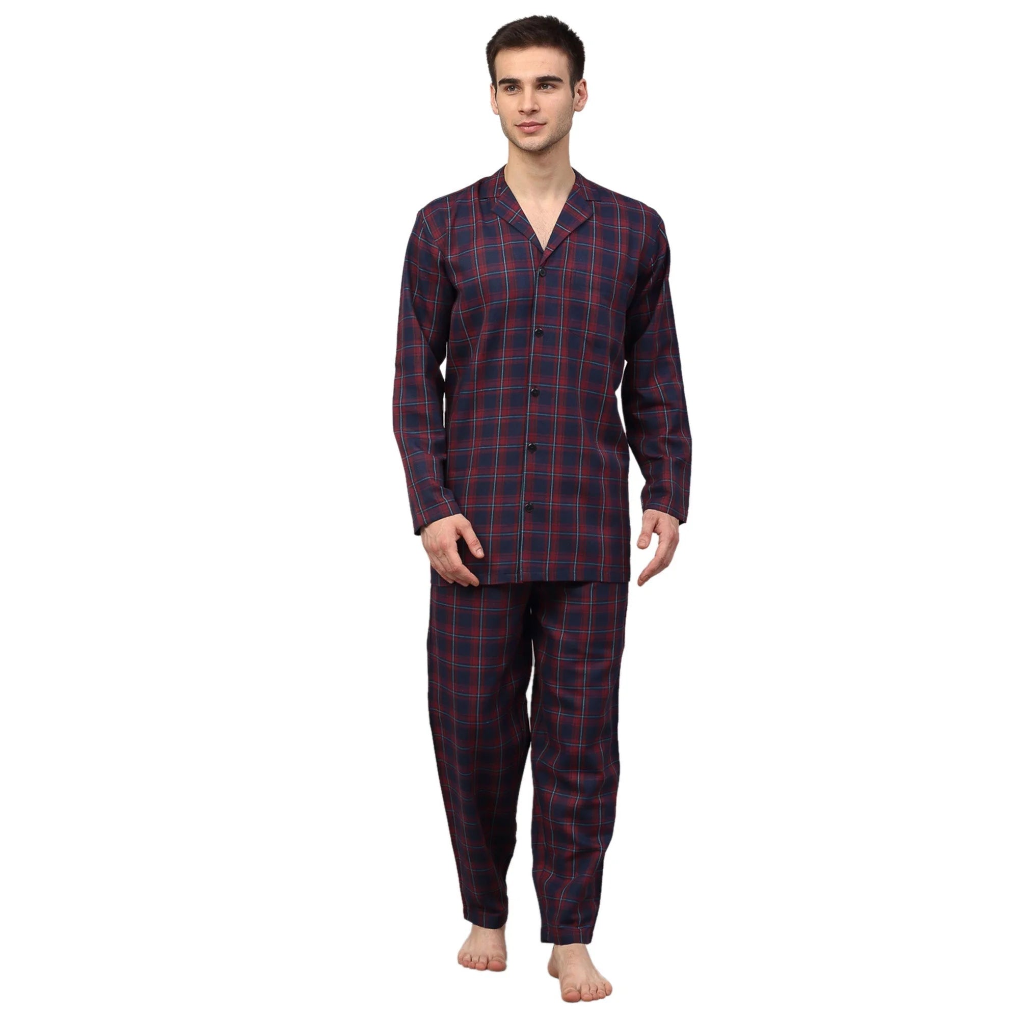 Men's Blue Checked Night Suit - Cotton Mens Pajamas Set