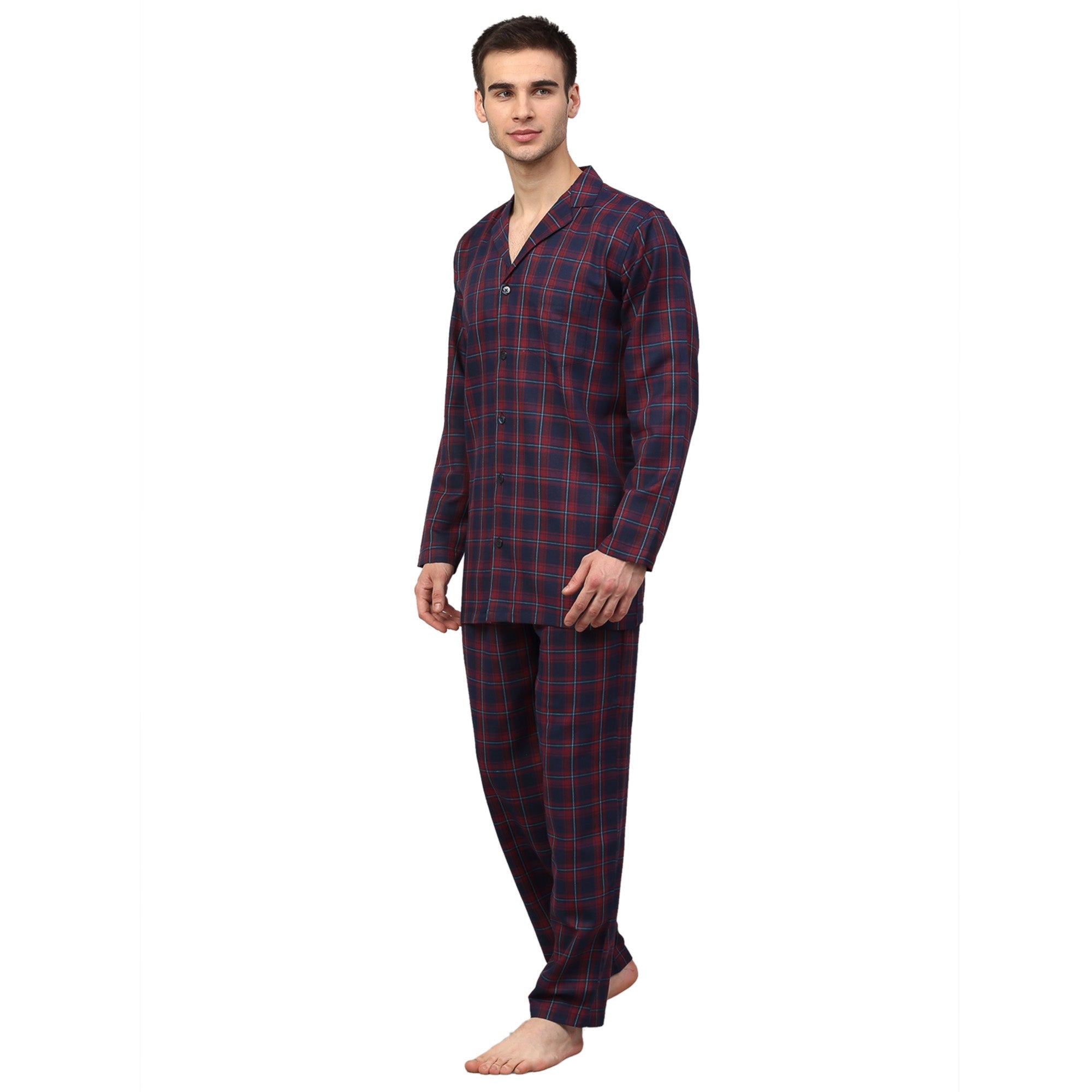 Men's Blue Checked Night Suit - Cotton Mens Pajamas Set