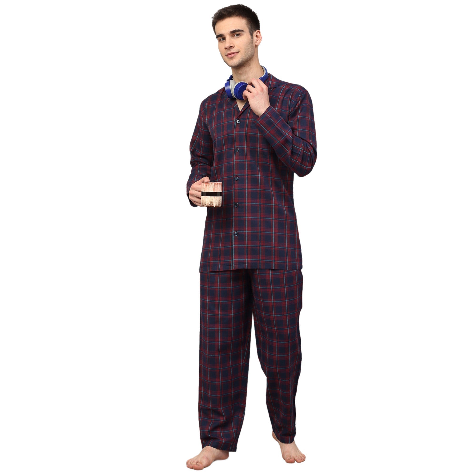 Men's Blue Checked Night Suit - Cotton Mens Pajamas Set