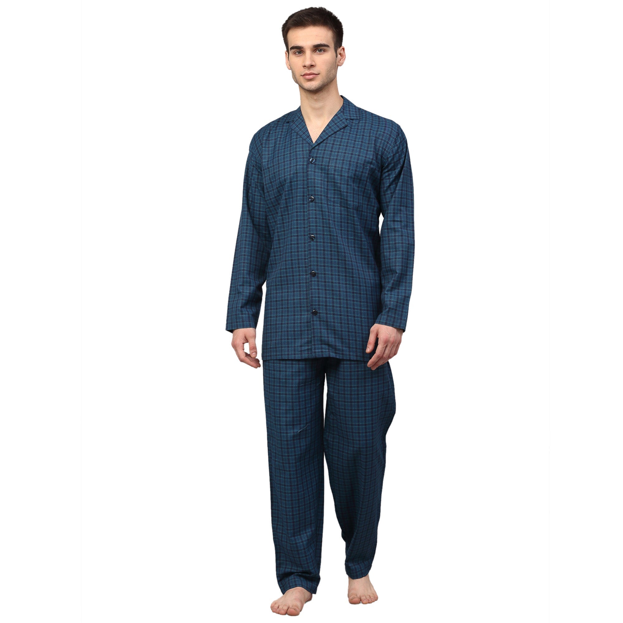 Light Blue Mens Pajama Set - Cotton Checked Night Suit