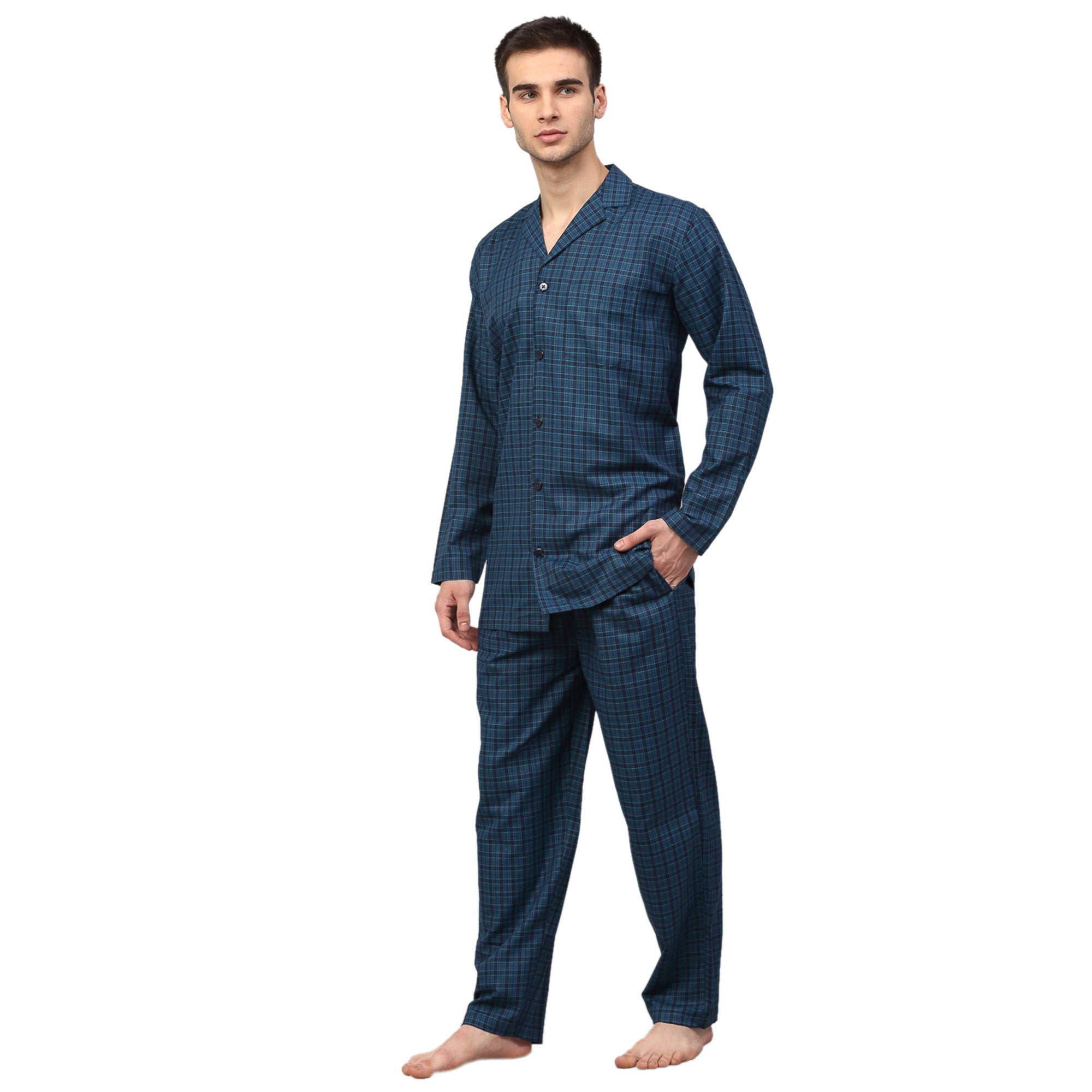 Light Blue Mens Pajama Set - Cotton Checked Night Suit