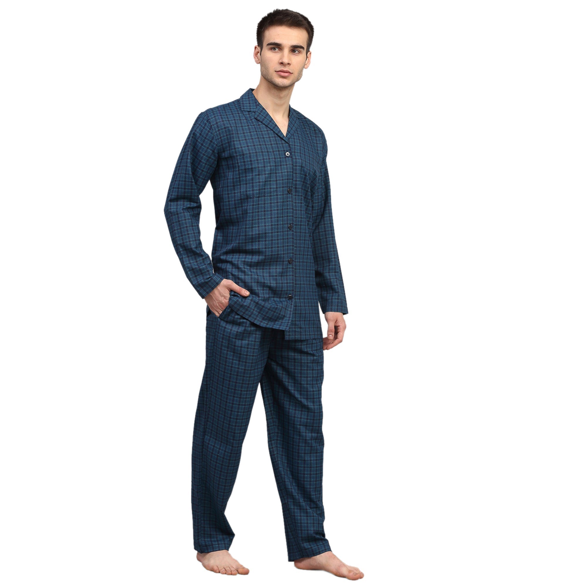 Light Blue Mens Pajama Set - Cotton Checked Night Suit