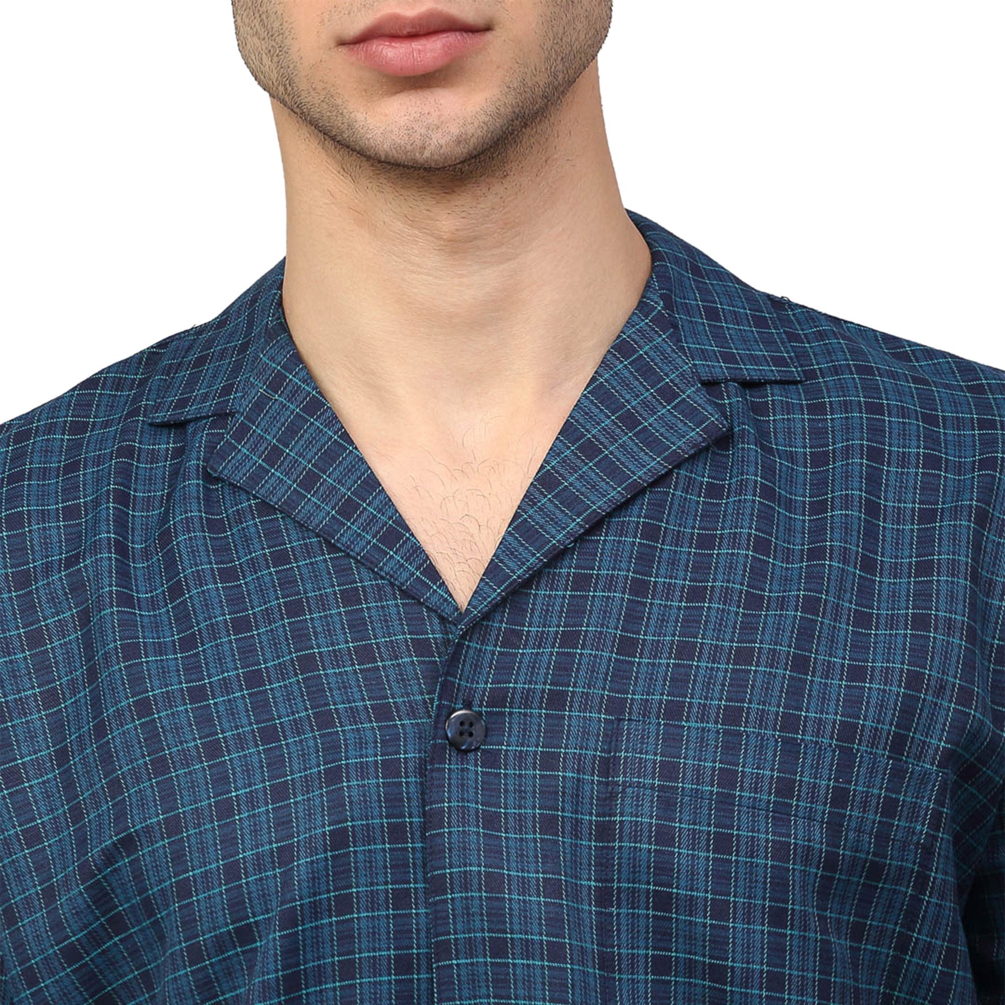 Light Blue Mens Pajama Set - Cotton Checked Night Suit
