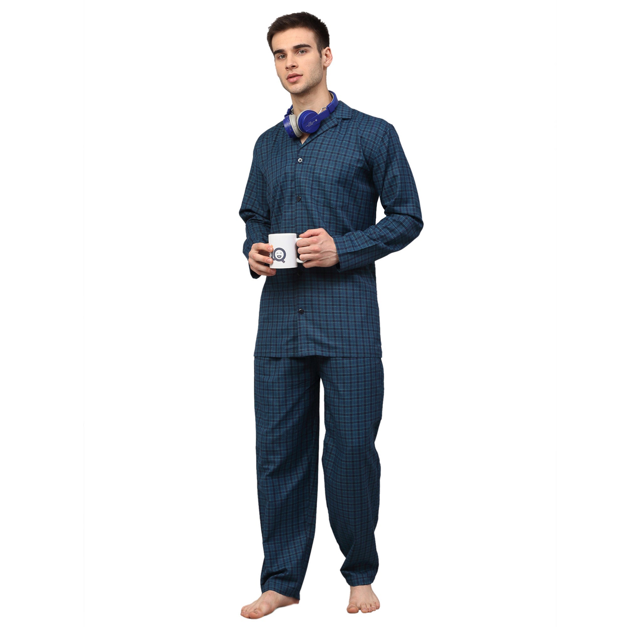 Light Blue Mens Pajama Set - Cotton Checked Night Suit