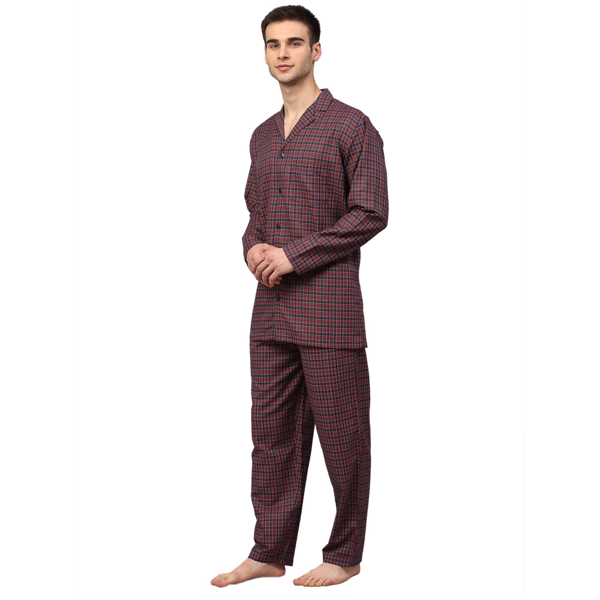 Maroon Checked Mens Pajamas - Comfortable Cotton Mens Pajama Set