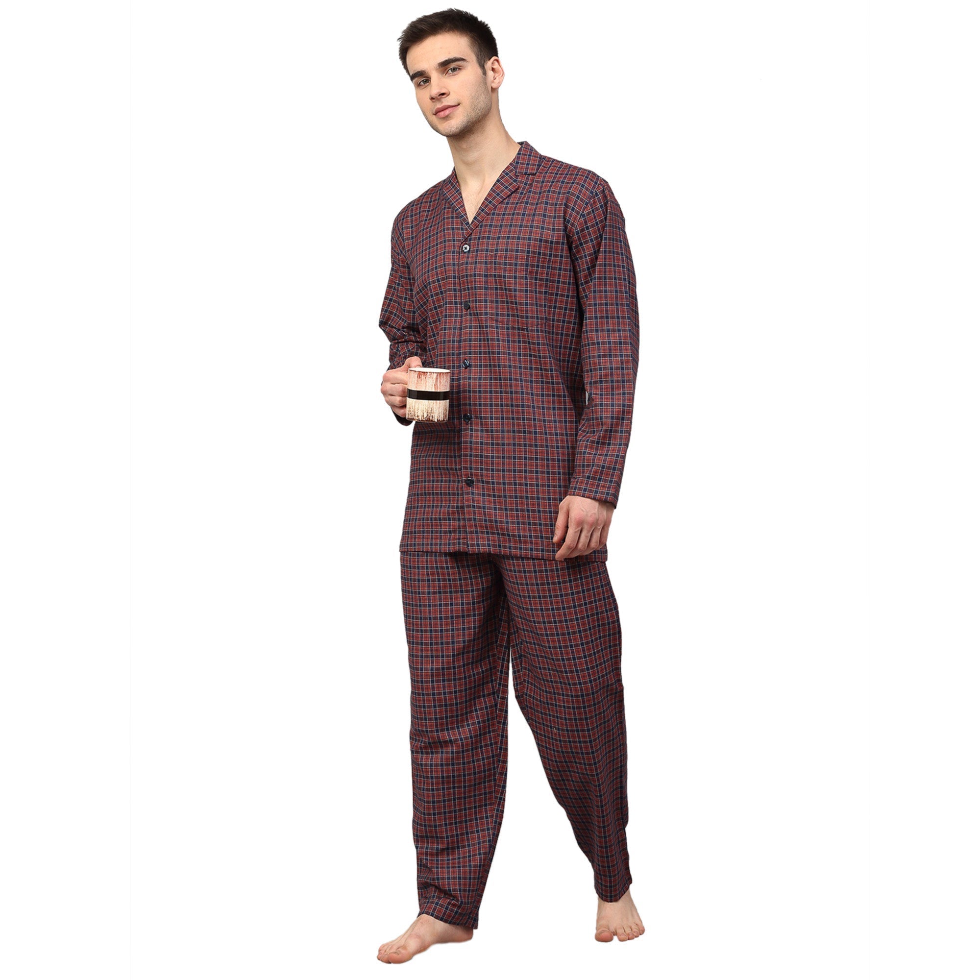 Maroon Checked Mens Pajamas - Comfortable Cotton Mens Pajama Set