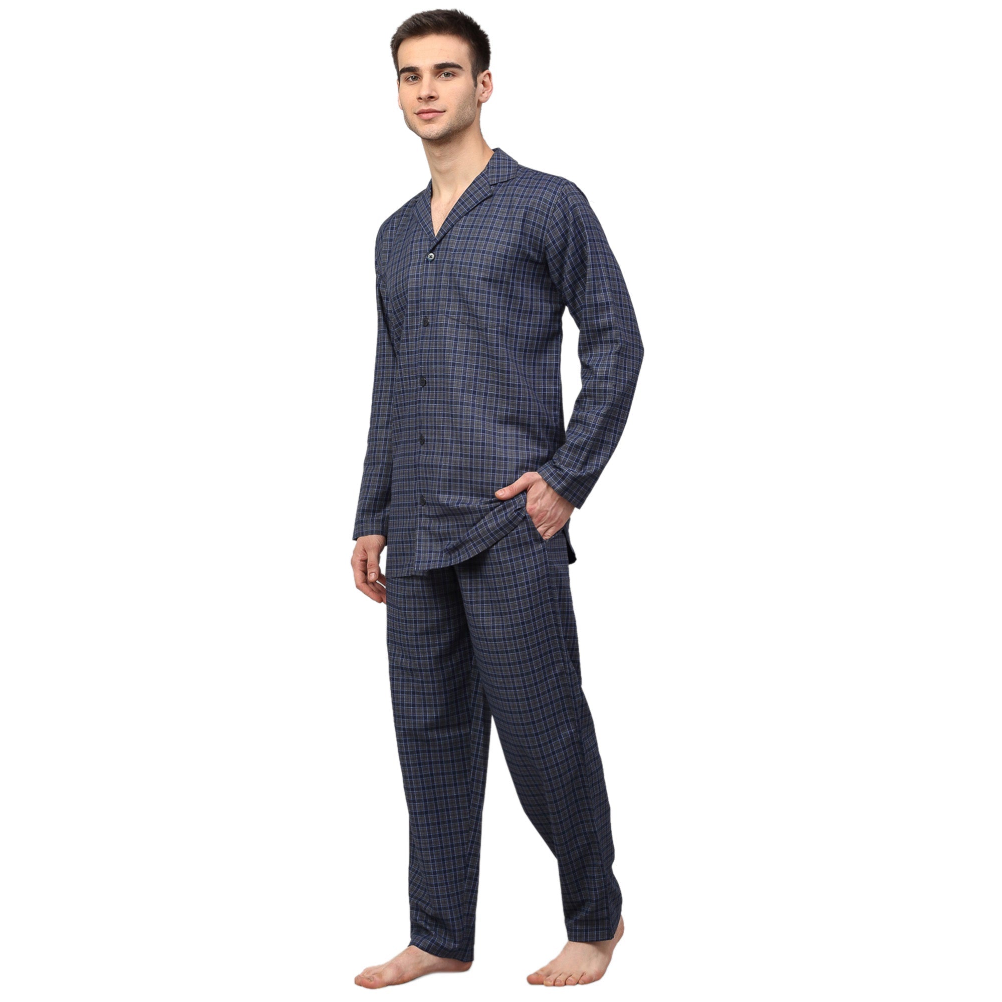 Navy Blue Checked Mens Pajamas - Soft Cotton Mens Pajama Set
