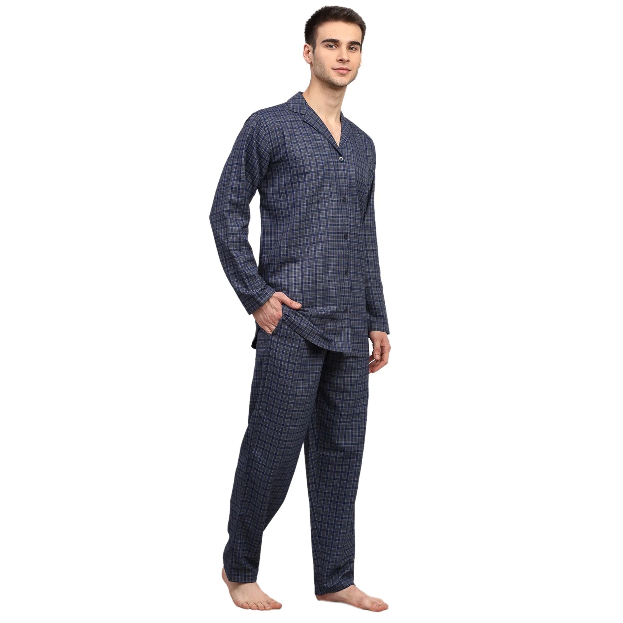 Navy Blue Checked Mens Pajamas - Soft Cotton Mens Pajama Set