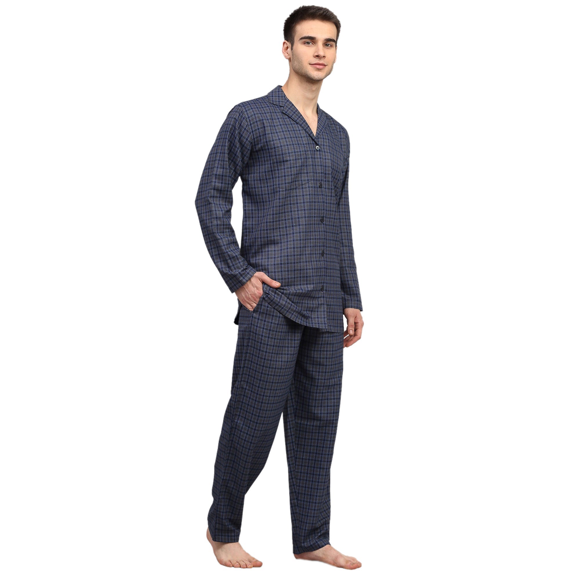 Navy Blue Checked Mens Pajamas - Soft Cotton Mens Pajama Set