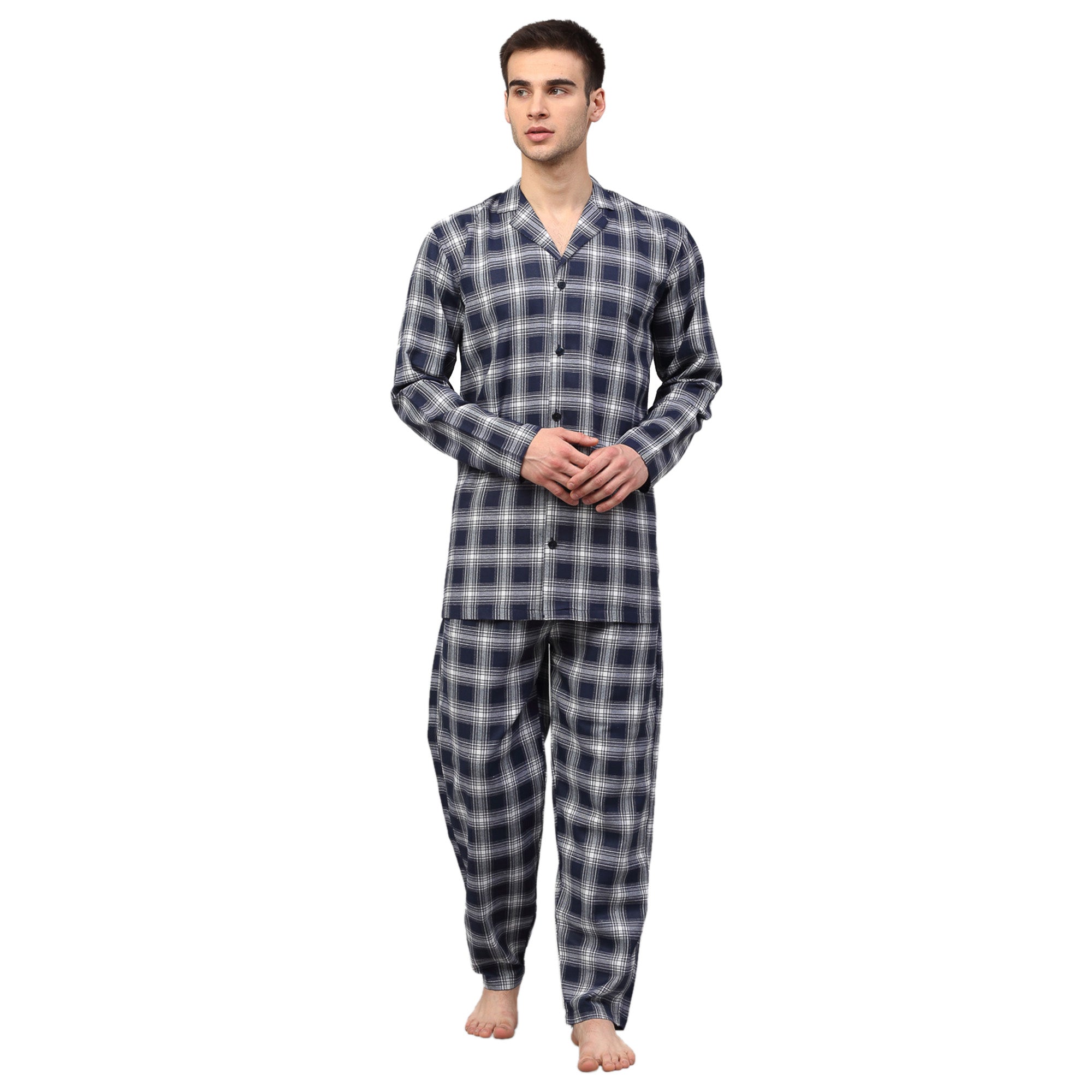 Navy Blue Mens Pajama Set - Checked Cotton Mens Pajamas