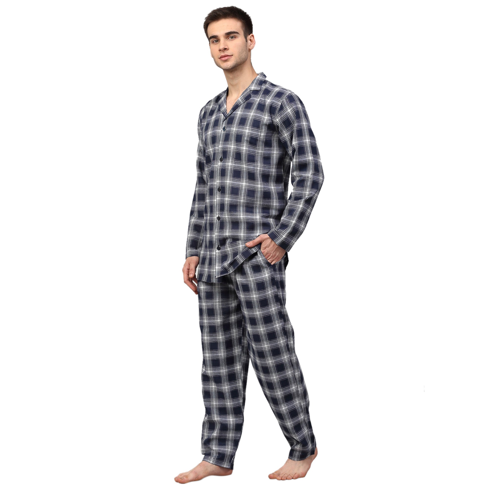 Navy Blue Mens Pajama Set - Checked Cotton Mens Pajamas