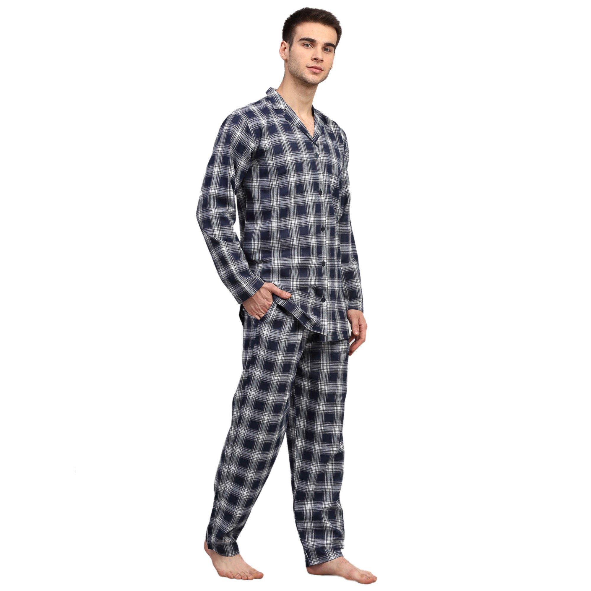 Navy Blue Mens Pajama Set - Checked Cotton Mens Pajamas