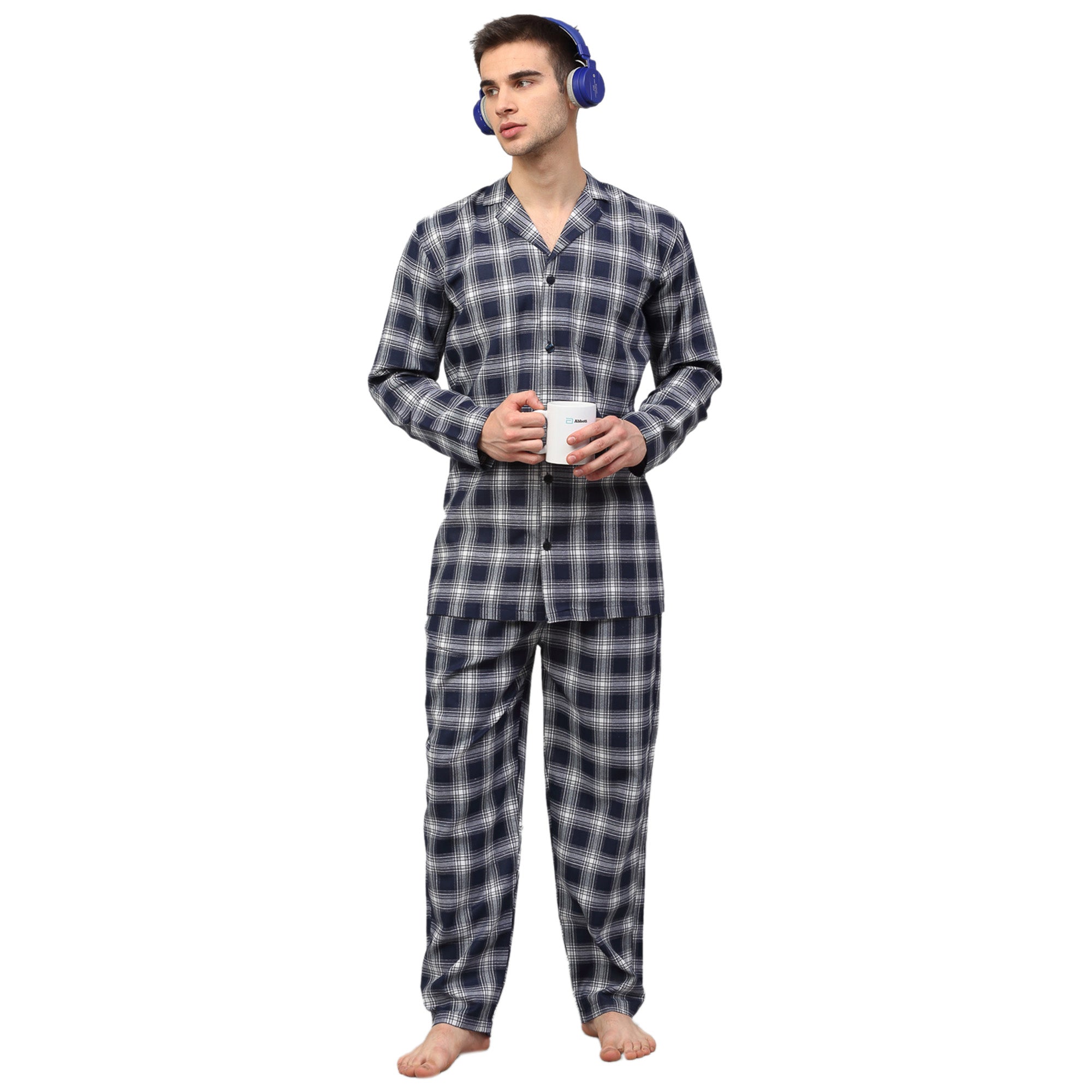 Navy Blue Mens Pajama Set - Checked Cotton Mens Pajamas
