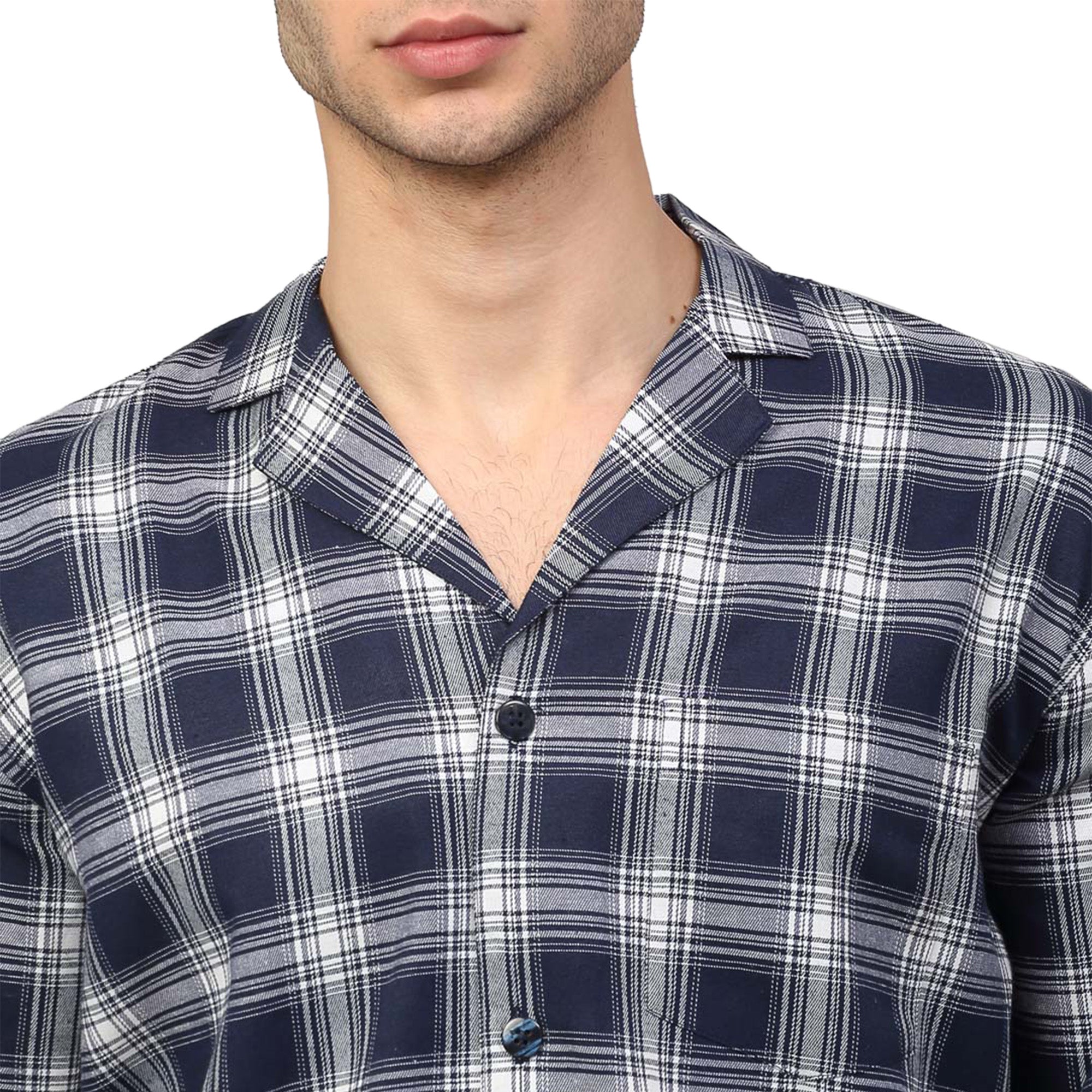 Navy Blue Mens Pajama Set - Checked Cotton Mens Pajamas
