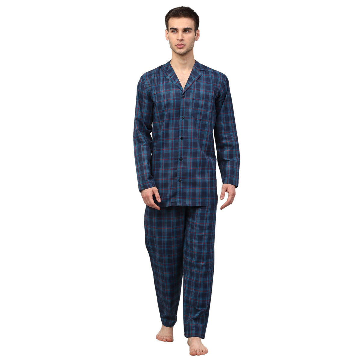 Indian Quality Needle Men's Navy Blue Checked Night Suits