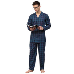 Indian Quality Needle Men's Navy Blue Checked Night Suits