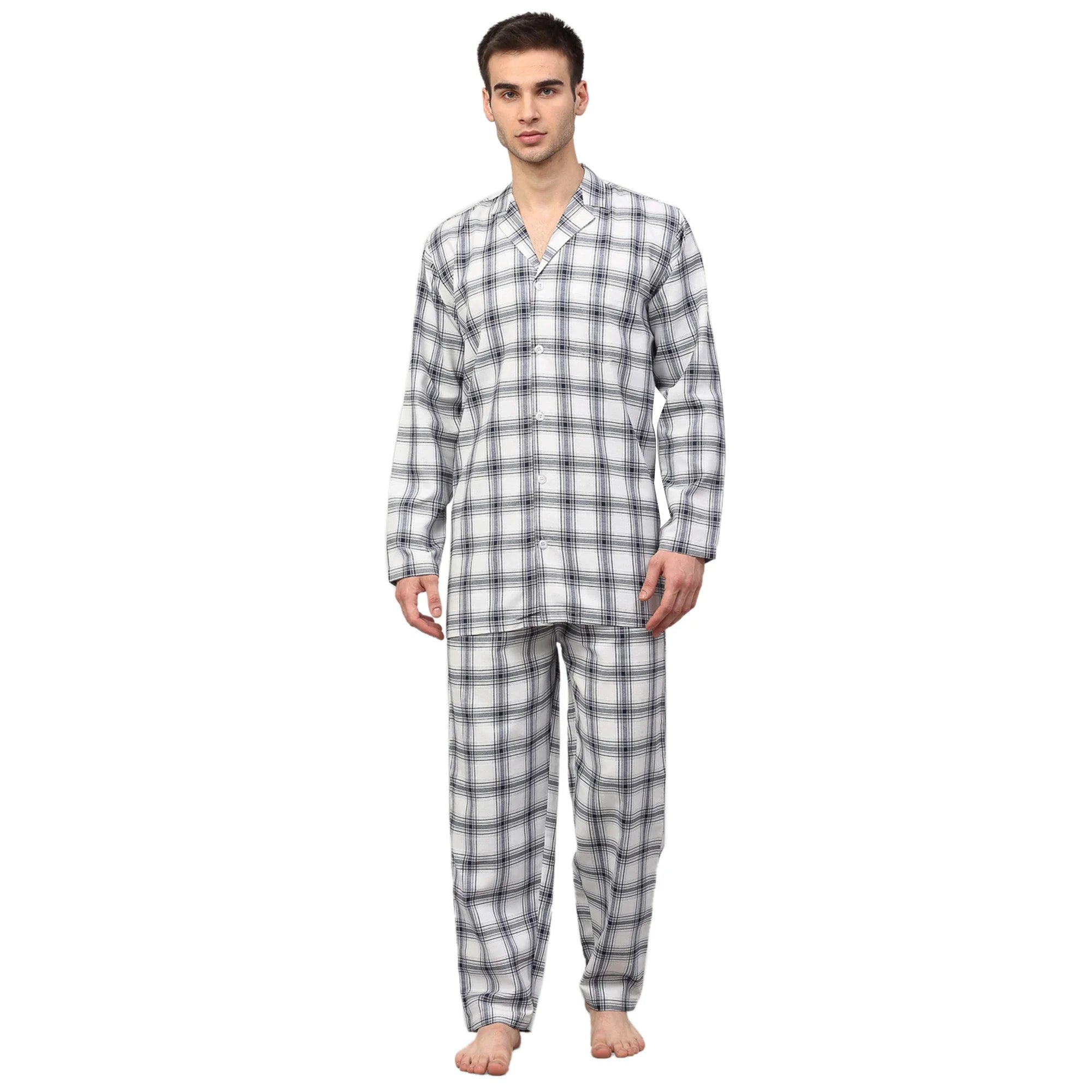 Mens White Checked Night Suits | Cotton Mens Pajama Set Needle