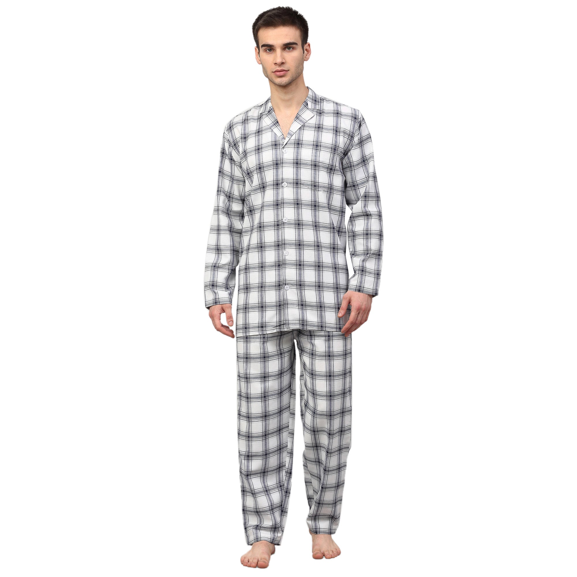 Mens White Checked Night Suits | Cotton Mens Pajama Set Needle