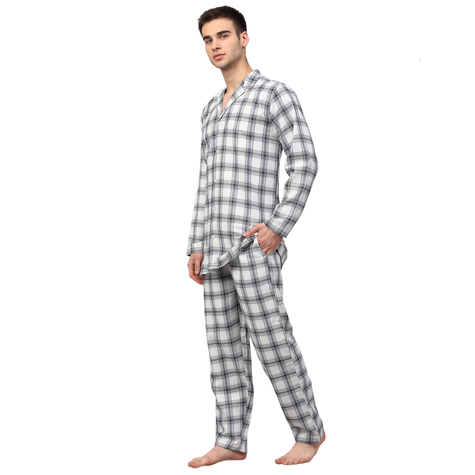 Mens White Checked Night Suits | Cotton Mens Pajama Set Needle