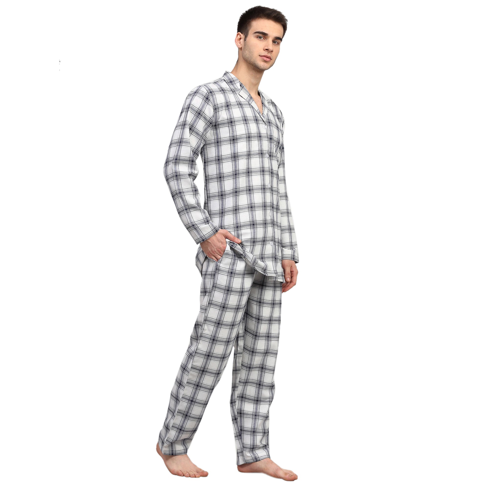 Mens White Checked Night Suits | Cotton Mens Pajama Set Needle