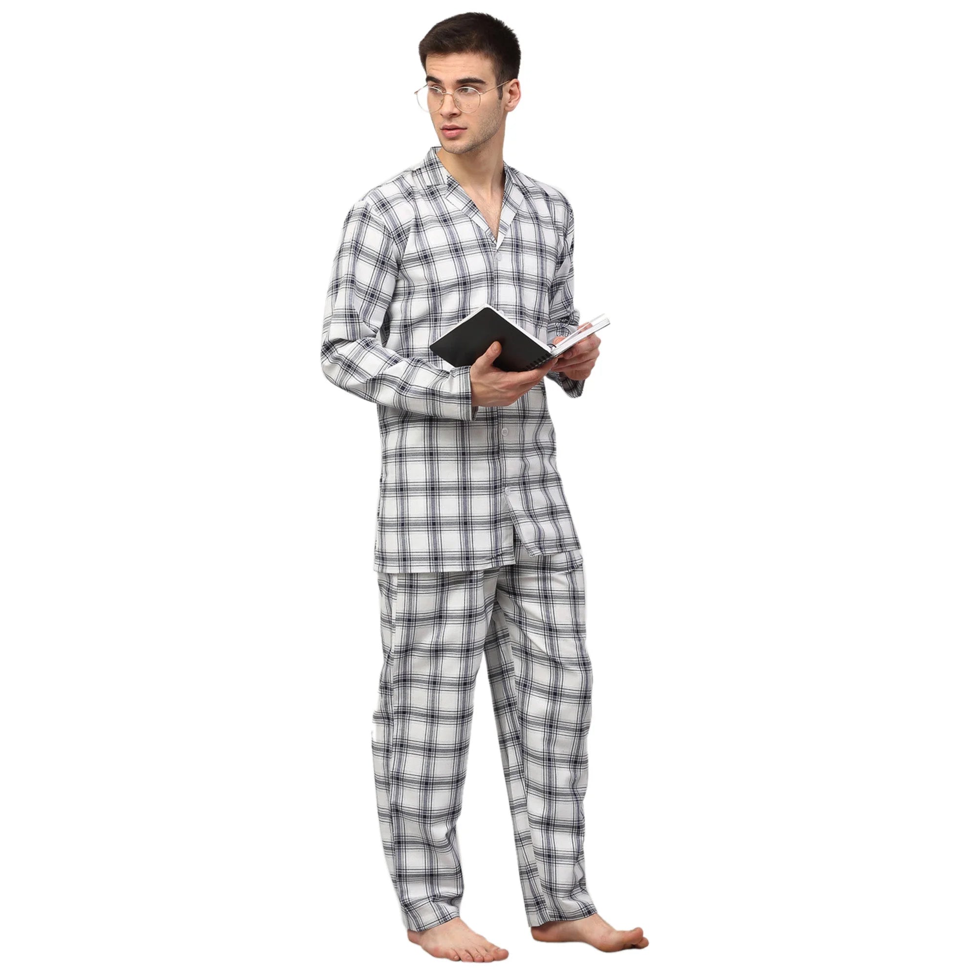 Mens White Checked Night Suits | Cotton Mens Pajama Set Needle
