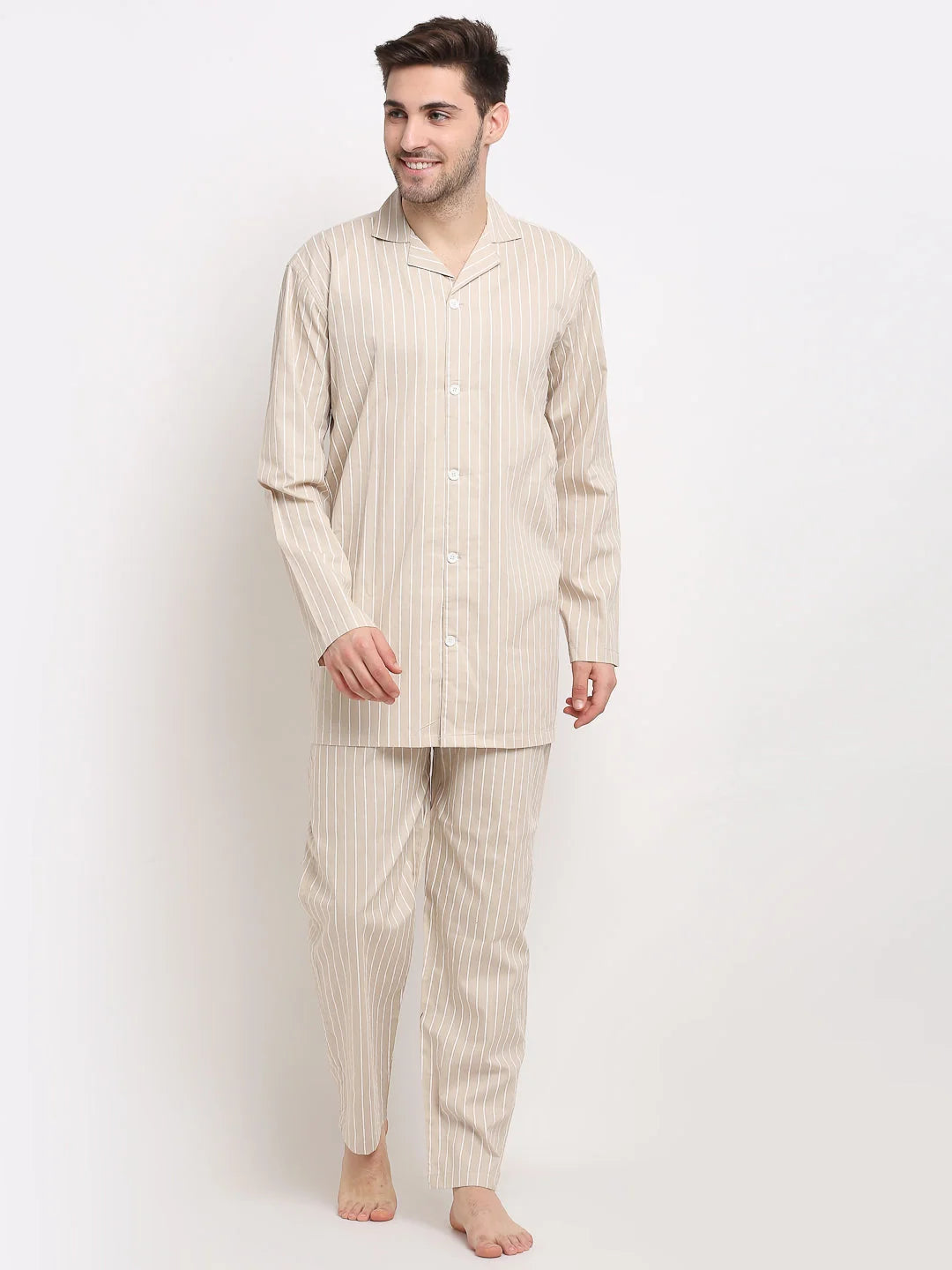 Cream Striped Mens Pajama Set | Soft Cotton Mens Pajamas